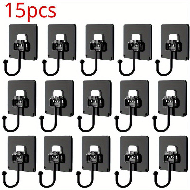 15 Crochets Adhésifs Noirs Robustes, Sans Perçage, Invisibles et Résistants à l'Eau et à la Rouille pour Objets Lourds, Installation Facile pour Cuisine ou Salle de Bain, Crochets Utilitaires