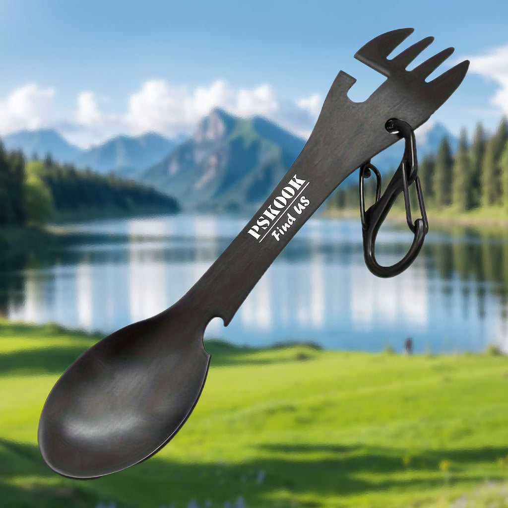PSKOOK 2pcs Tactical Spork, 5-in-1 Stainless Steel Spoon, Fork & Knife Combo with Bottle Opener, Matte Black Finish, Outdoor Camping Utensil for Hiking & Backpacking, Camping Utensil