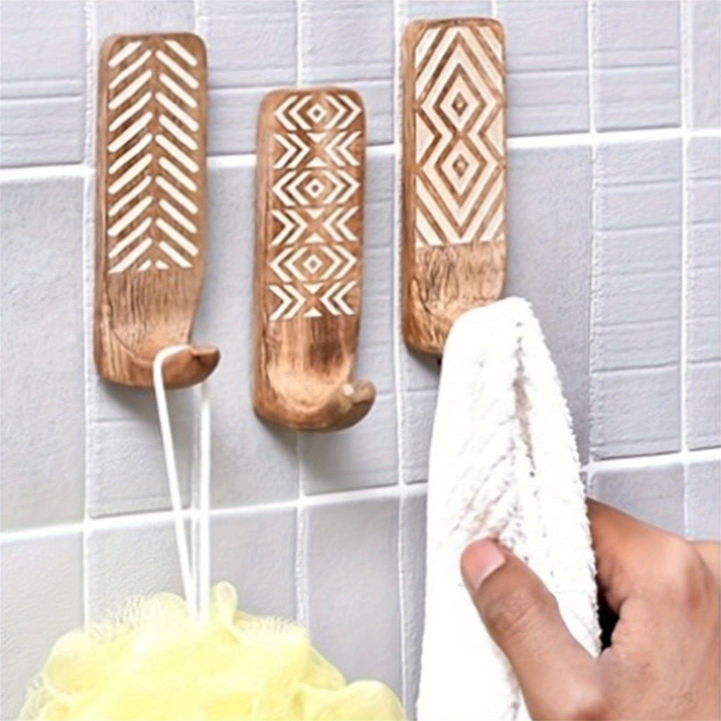 3pièces Crochets Muraux En Bois Auto-Adhésifs Crochets de Manteau Multi-Fonction Pour Cuisine Salon Maison, Crochets Utilitaires