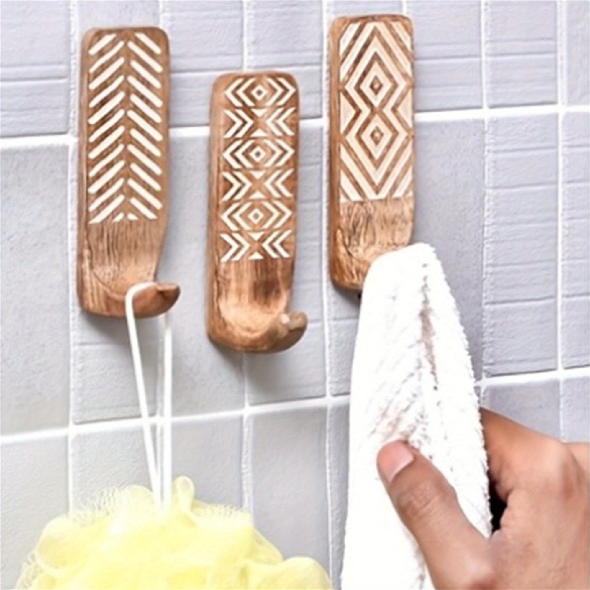 3pièces Crochets Muraux En Bois Auto-Adhésifs Crochets de Manteau Multi-Fonction Pour Cuisine Salon Maison, Crochets Utilitaires