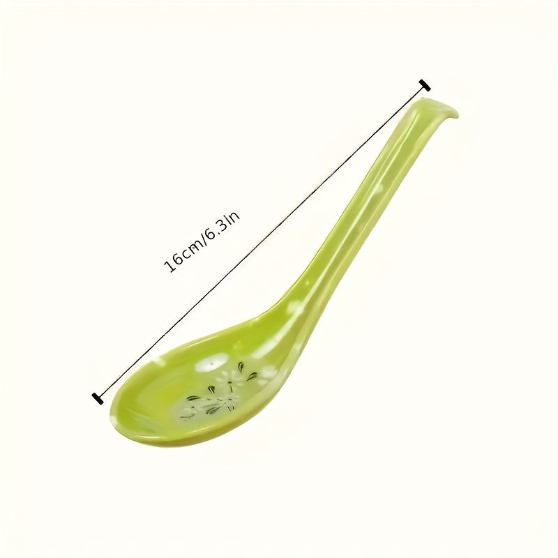 10 Heat-Resistant Melamine Long-Handled Spoons, Small Soup Spoons for Home Use, Restaurant, Floral Design, Food Store