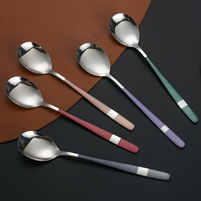 5pcs Premium Stainless Steel Spoon Set - Rust-Resistant, Long & Thick Handles for Easy Grip - Ideal for Family Gatherings, Potlucks & Restaurants