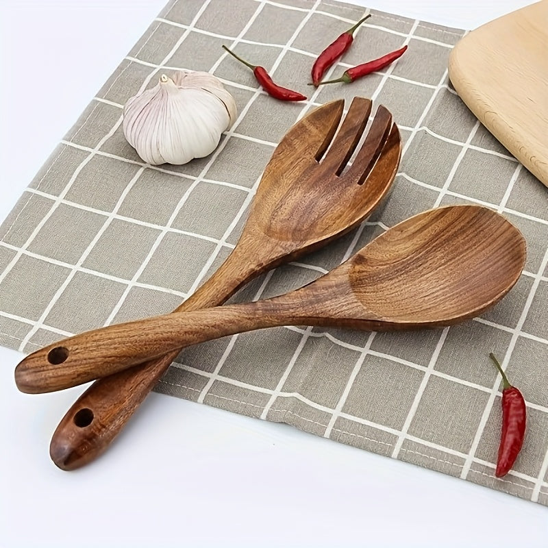 2pcs Wooden Salad Fork and Spoon Set, Reusable, Easy to Carry, Ideal for Home, Restaurant, and Outdoor Dining