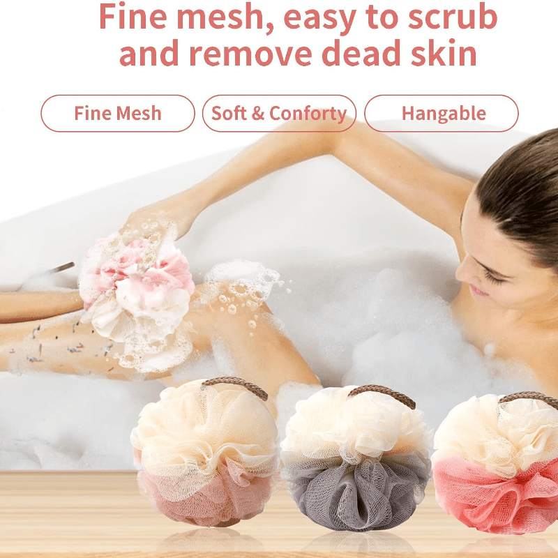 Ensemble de 4 éponges exfoliantes pour le spa à domicile, idéales pour la douche, avec boule de bain en filet, brosse pouf, et éponge de gommage pour le visage et le corps, pour une mousse abondante et onctueuse.
