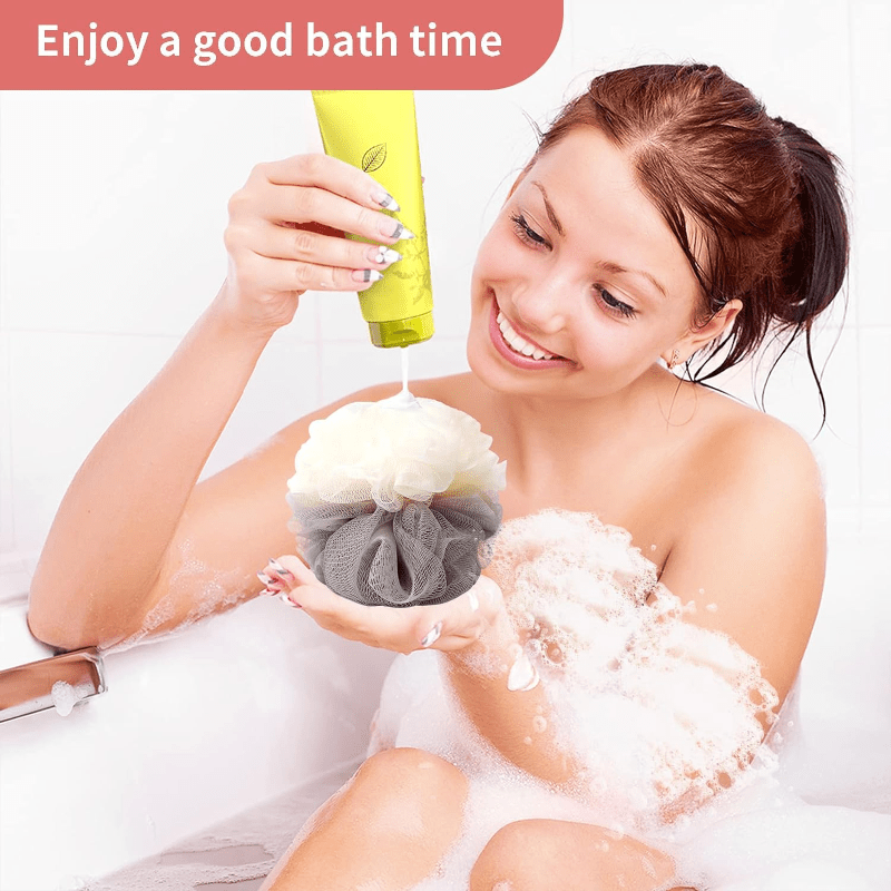 Ensemble de 4 éponges exfoliantes pour le spa à domicile, idéales pour la douche, avec boule de bain en filet, brosse pouf, et éponge de gommage pour le visage et le corps, pour une mousse abondante et onctueuse.