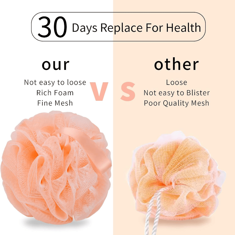 Ensemble de 4 éponges exfoliantes pour le spa à domicile, idéales pour la douche, avec boule de bain en filet, brosse pouf, et éponge de gommage pour le visage et le corps, pour une mousse abondante et onctueuse.