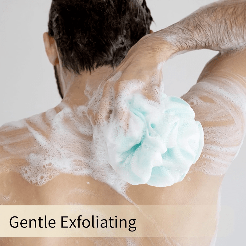 Ensemble de 4 éponges exfoliantes pour le spa à domicile, idéales pour la douche, avec boule de bain en filet, brosse pouf, et éponge de gommage pour le visage et le corps, pour une mousse abondante et onctueuse.
