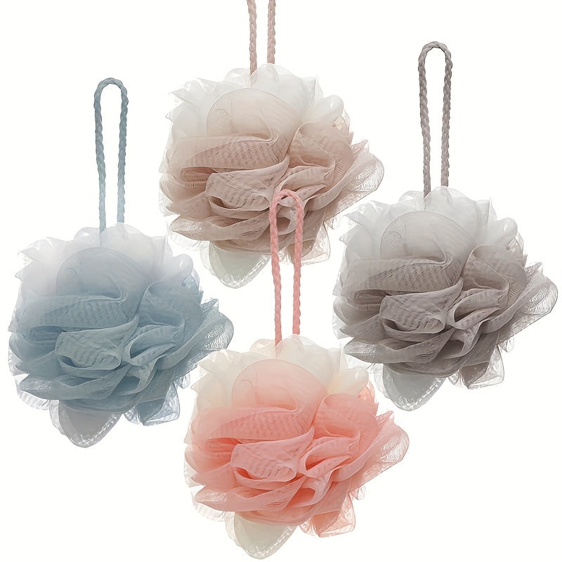 Ensemble de 4 éponges exfoliantes pour le spa à domicile, idéales pour la douche, avec boule de bain en filet, brosse pouf, et éponge de gommage pour le visage et le corps, pour une mousse abondante et onctueuse.
