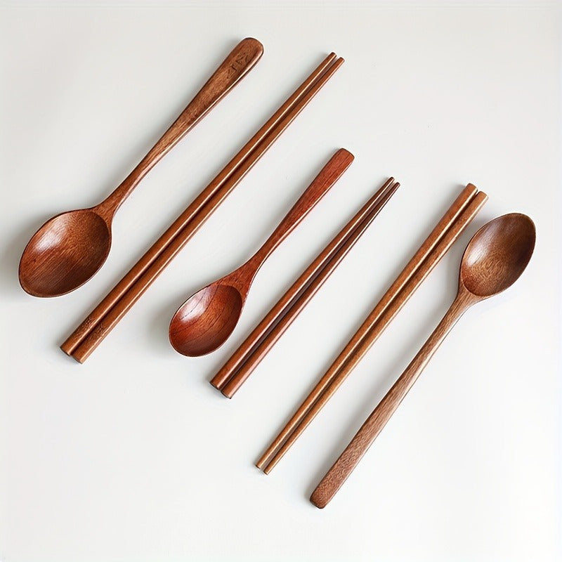 2pcs Set Japanese Wooden Spoon & Chopsticks - Long Handle, Portable Tableware for Couples and Students