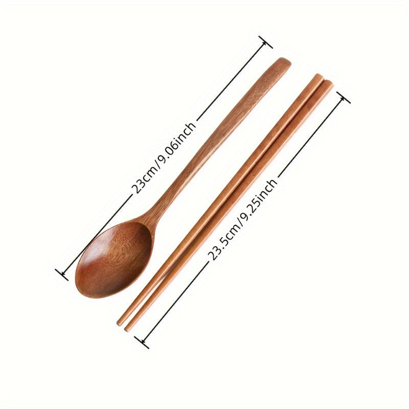 2pcs Set Japanese Wooden Spoon & Chopsticks - Long Handle, Portable Tableware for Couples and Students