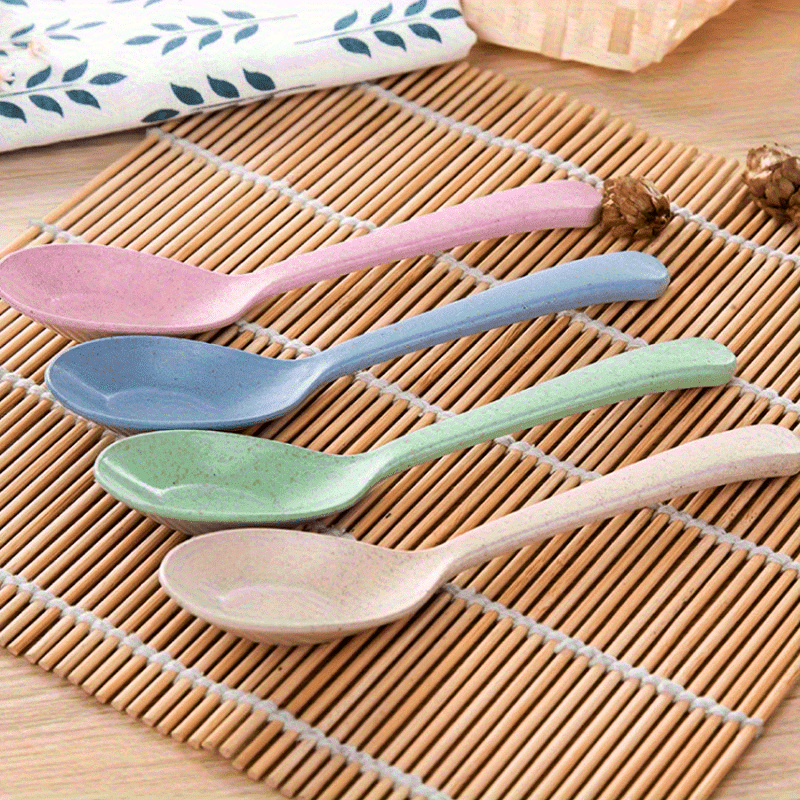 4pcs High-Quality Wheat Straw Long Handle Spoons - Light Green, Pink, White & Blue - Durable Plastic Kitchen Utensils for Cooking, Serving & Soup Lovers, Cooking Supplies | Pastel Kitchenware | Wheat Straw Plastic