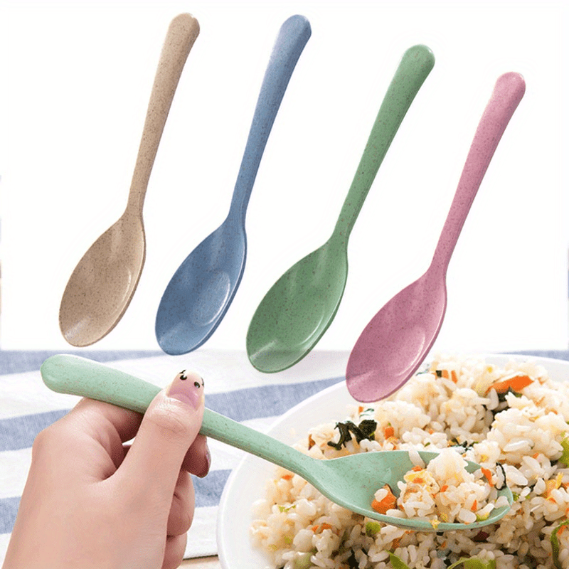 4pcs High-Quality Wheat Straw Long Handle Spoons - Light Green, Pink, White & Blue - Durable Plastic Kitchen Utensils for Cooking, Serving & Soup Lovers, Cooking Supplies | Pastel Kitchenware | Wheat Straw Plastic