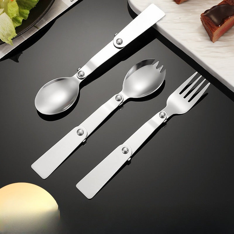1 Set Stainless Steel Foldable Flatware - Polished Finish, Portable Camping Cutlery, Compact Travel Fork and Spoon Set for Outdoor, Picnic, Fishing, Boating, Backpacking
