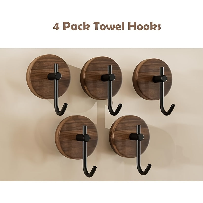 Lot de 4 Crochets Muraux en Bois Moderne avec Bras Métalliques Noirs, Cintres Adhésifs Sans Perçage pour Cuisine et Salle de Bain, Style Contemporain, Finition Bois Naturel, Design Épuré Noir, Parfait pour l'Organisation des Serviettes et Accessoires