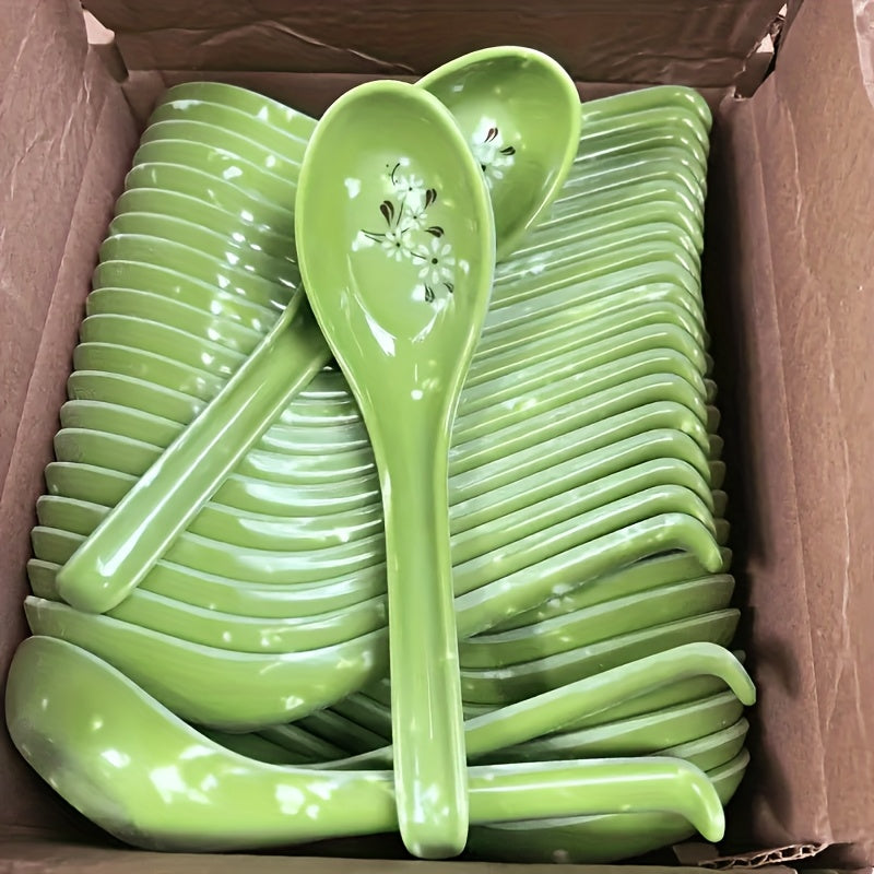 10 Heat-Resistant Melamine Long-Handled Spoons, Small Soup Spoons for Home Use, Restaurant, Floral Design, Food Store