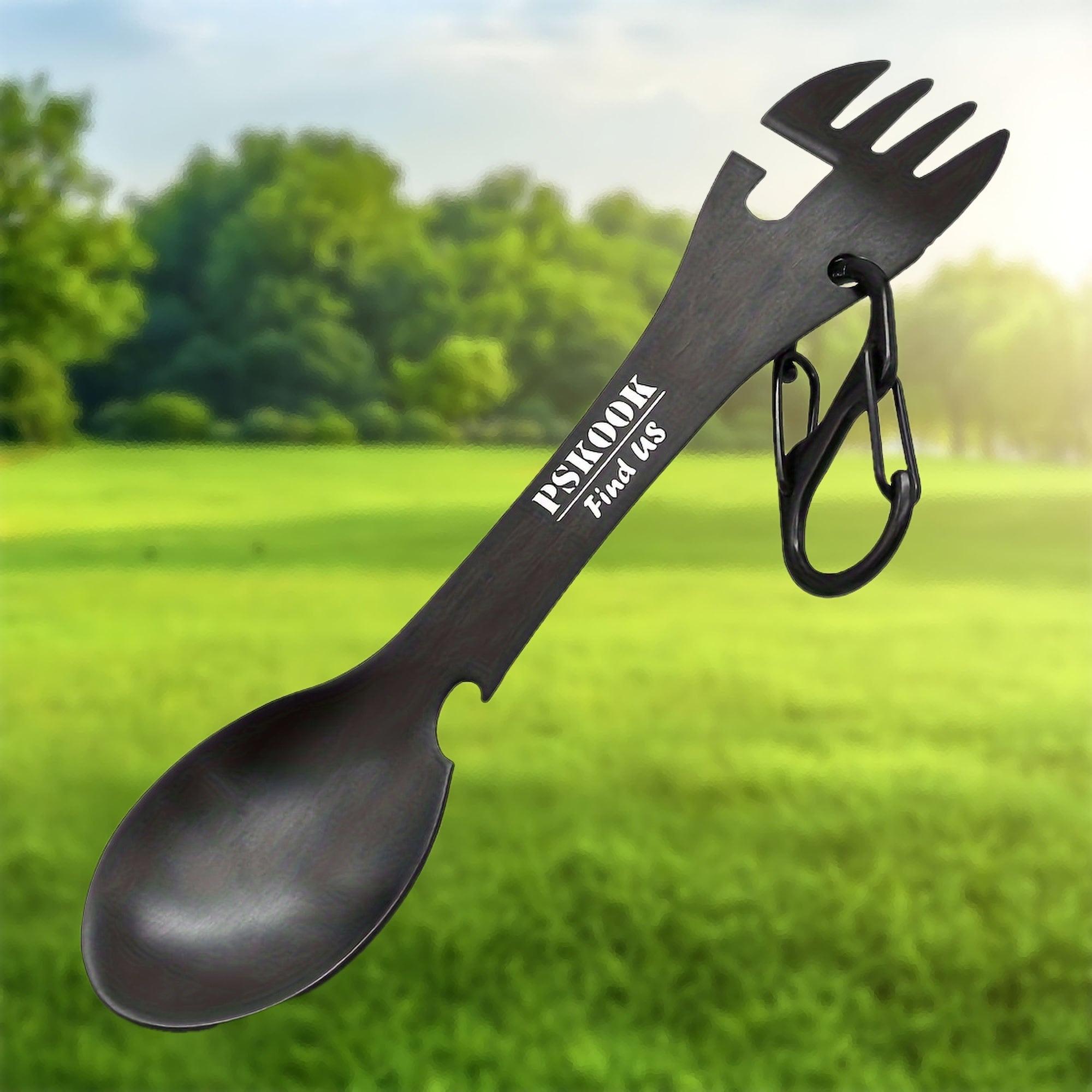 PSKOOK 2pcs Tactical Spork, 5-in-1 Stainless Steel Spoon, Fork & Knife Combo with Bottle Opener, Matte Black Finish, Outdoor Camping Utensil for Hiking & Backpacking, Camping Utensil