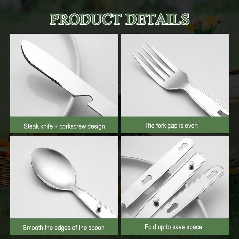 A Collection of Stainless Steel Utensils for Outdoor Use, Including a Knife, Fork, And Spoon - Convenient for Storage And Folding, Ideal for Camping Dining.