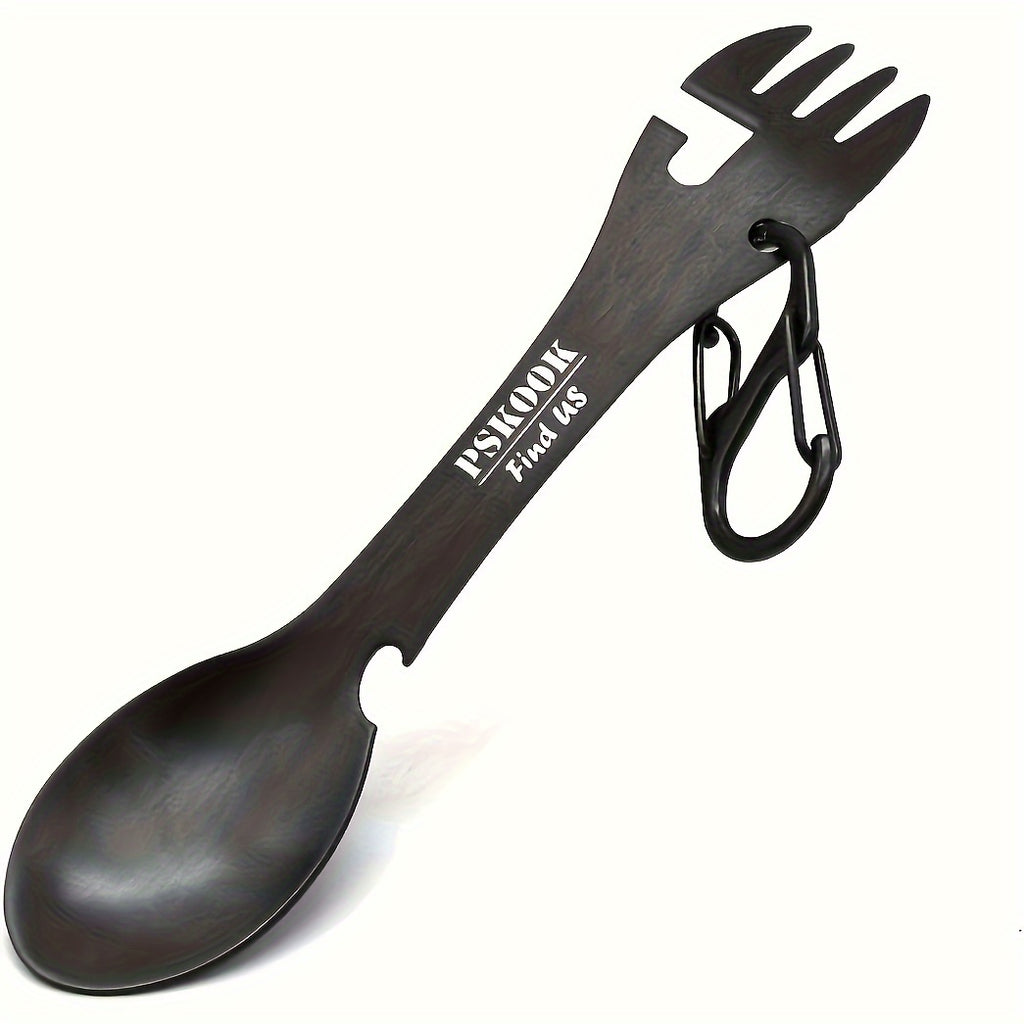 PSKOOK 2pcs Tactical Spork, 5-in-1 Stainless Steel Spoon, Fork & Knife Combo with Bottle Opener, Matte Black Finish, Outdoor Camping Utensil for Hiking & Backpacking, Camping Utensil