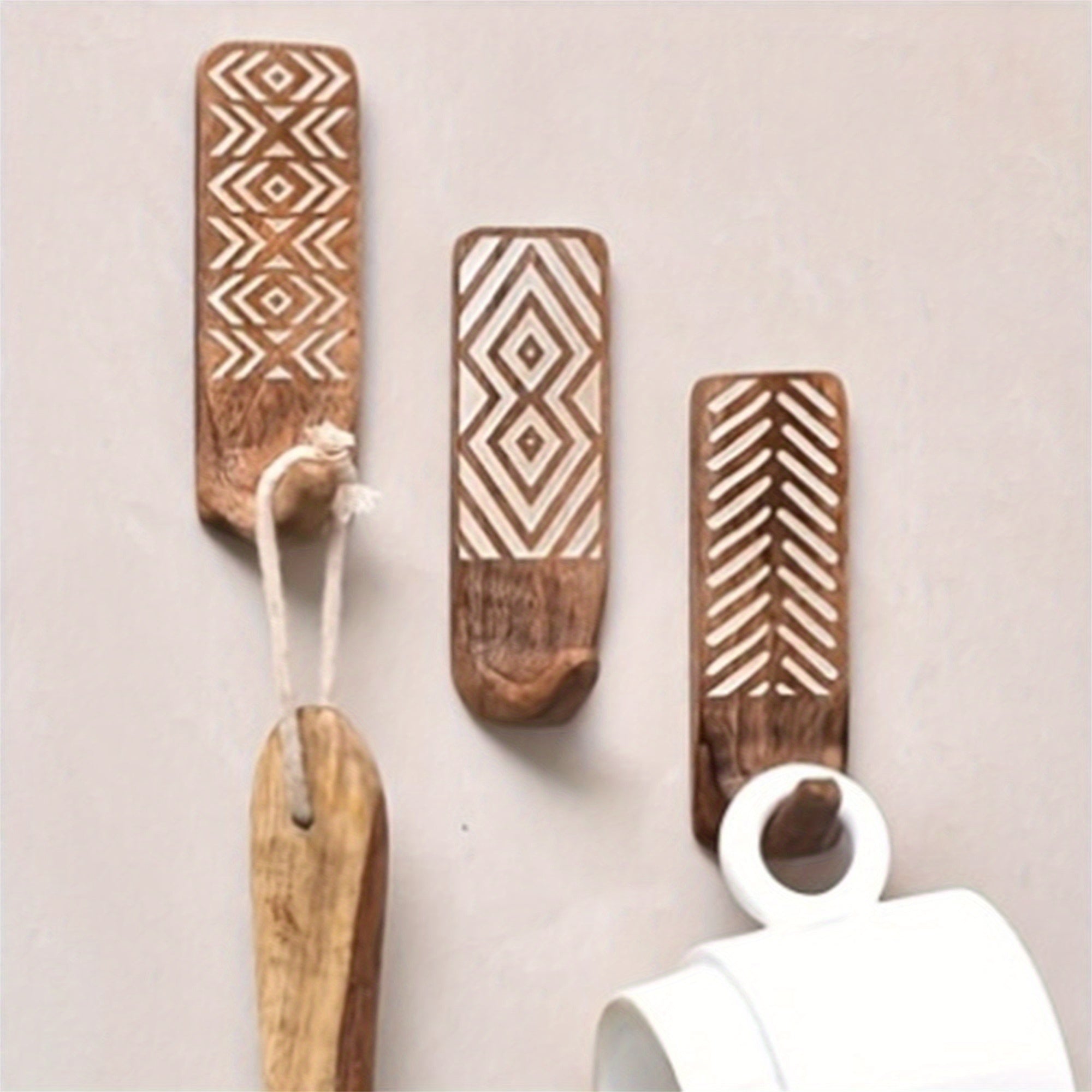 3pièces Crochets Muraux En Bois Auto-Adhésifs Crochets de Manteau Multi-Fonction Pour Cuisine Salon Maison, Crochets Utilitaires