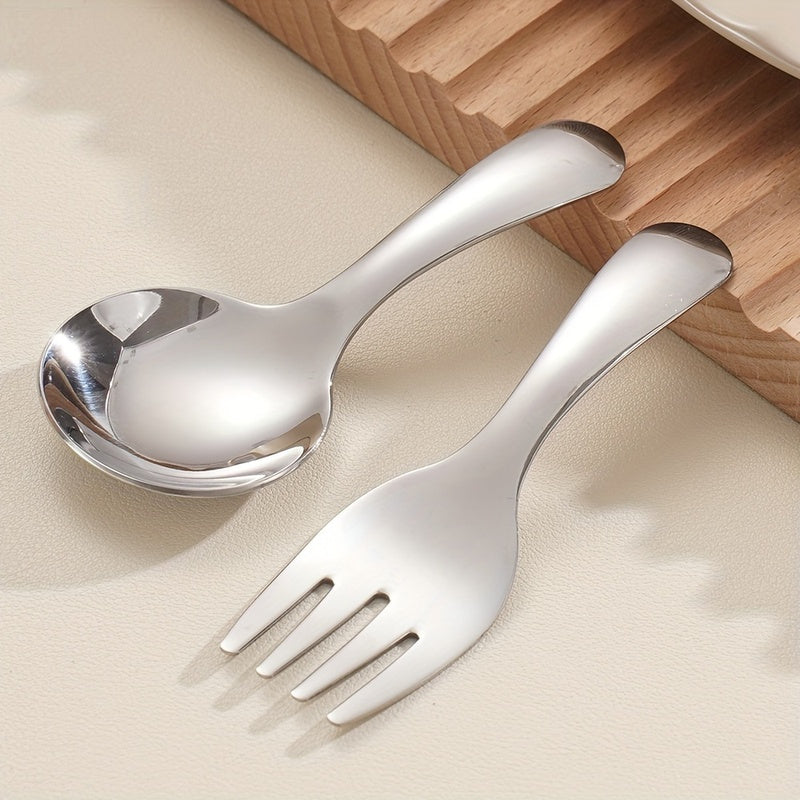 3pcs stainless steel spoon and fork set, the short-handled small round spoon can be used as an ice cream spoon or a dessert spoon, simple and durable, and it is a portable tableware set for outdoor picnics, camping and traveling.