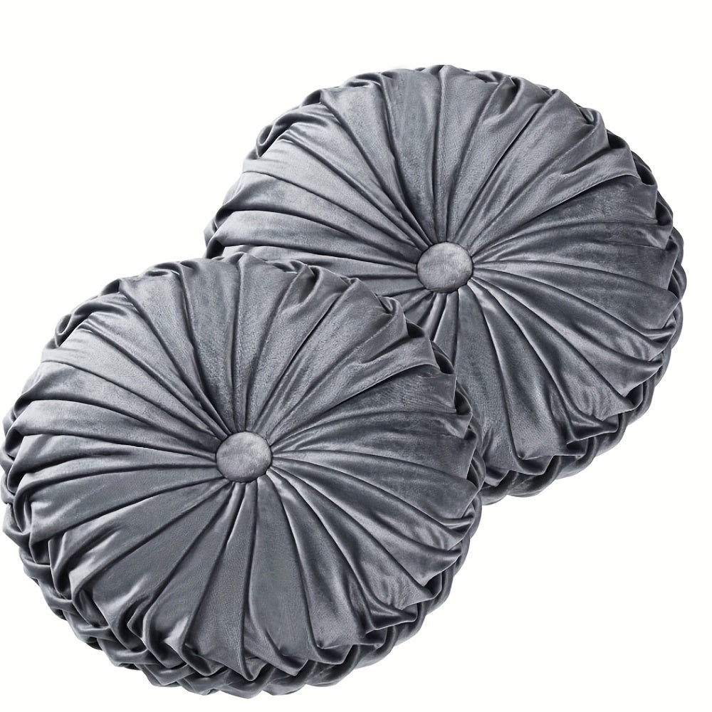 Lot de 2 Coussins Décoratifs Plissés Ronds, Coussins d'Accent Élégants en Forme de Citrouille avec Bouton Central, Coussins de Sol en Velours Vintage pour Canapé, Chaise de Vanité et Lit