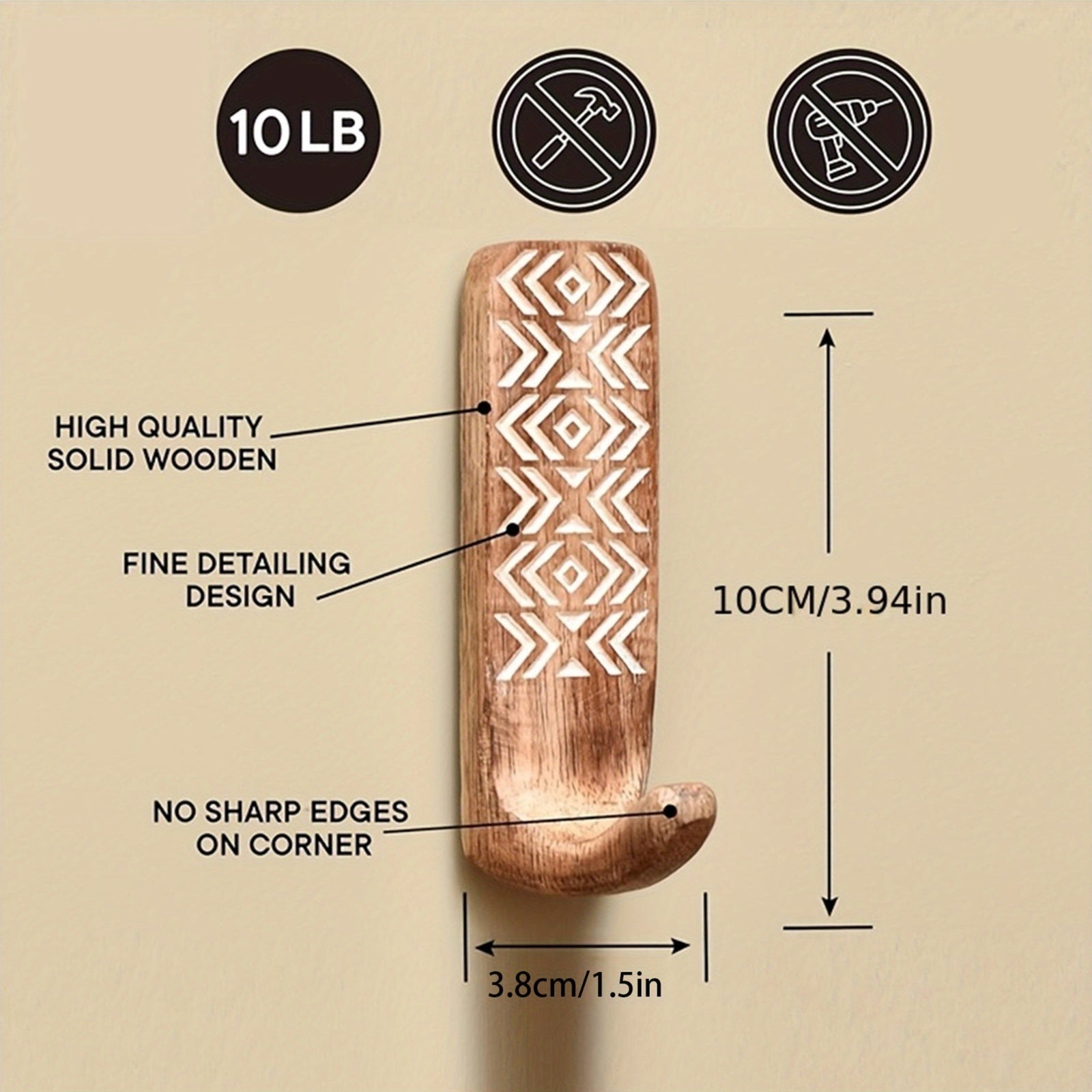 3pièces Crochets Muraux En Bois Auto-Adhésifs Crochets de Manteau Multi-Fonction Pour Cuisine Salon Maison, Crochets Utilitaires