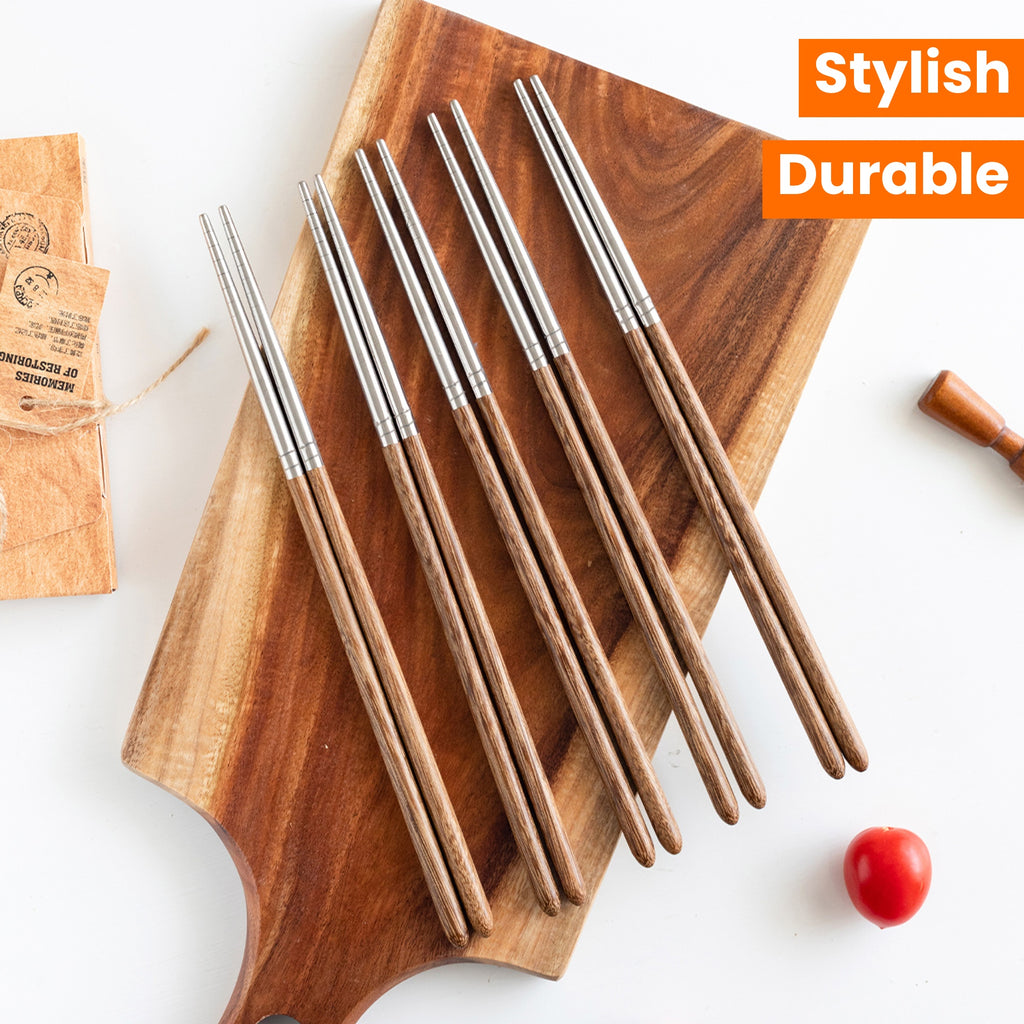 1 pair Exquisite Wooden and Stainless Steel Splicing Chopsticks - Durable and Stylish Eating Utensils