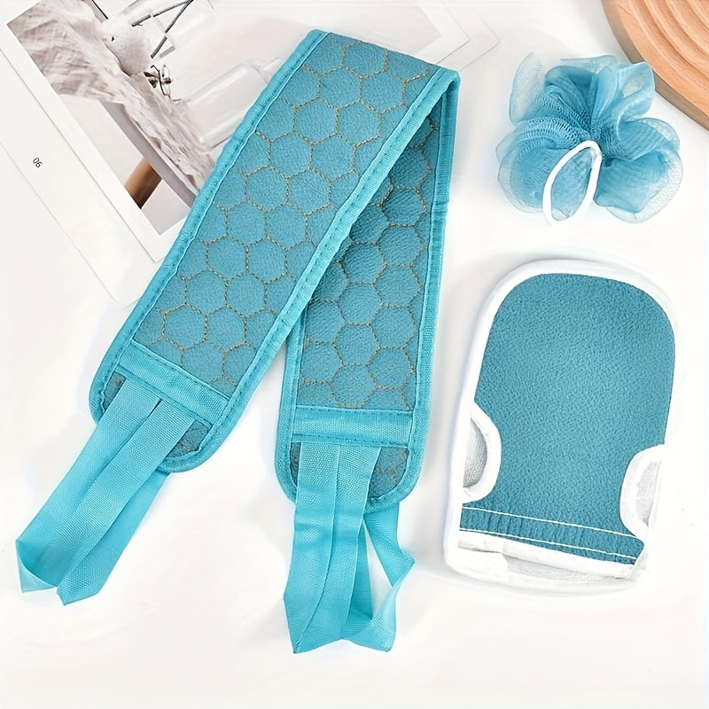 Lot de 3 pièces pour exfoliation du bain : Balle de douche, Gant de toilette, Serviette gommante et Râpe à dos - Accessoires spa et massage corporel - Idéal comme cadeau pour amis et famille