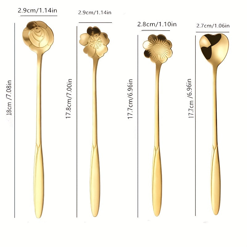 4pcs Flowers Design Gold Spoon Long Handle Dessert Tea Coffee Mixing Spoon Stainless Steel Vintage Teaspoons Drink Tableware