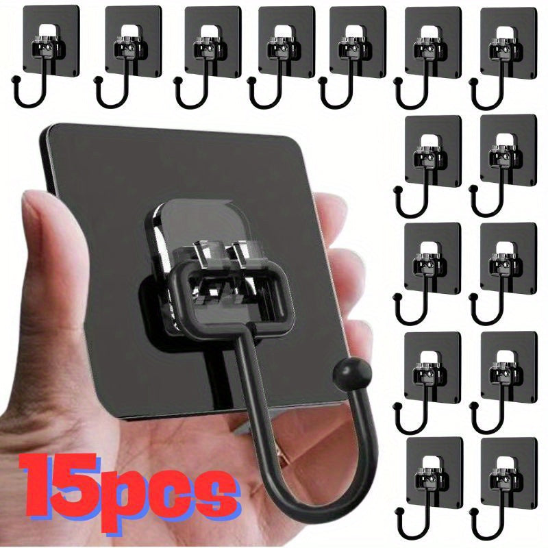 15 Crochets Adhésifs Noirs Robustes, Sans Perçage, Invisibles et Résistants à l'Eau et à la Rouille pour Objets Lourds, Installation Facile pour Cuisine ou Salle de Bain, Crochets Utilitaires