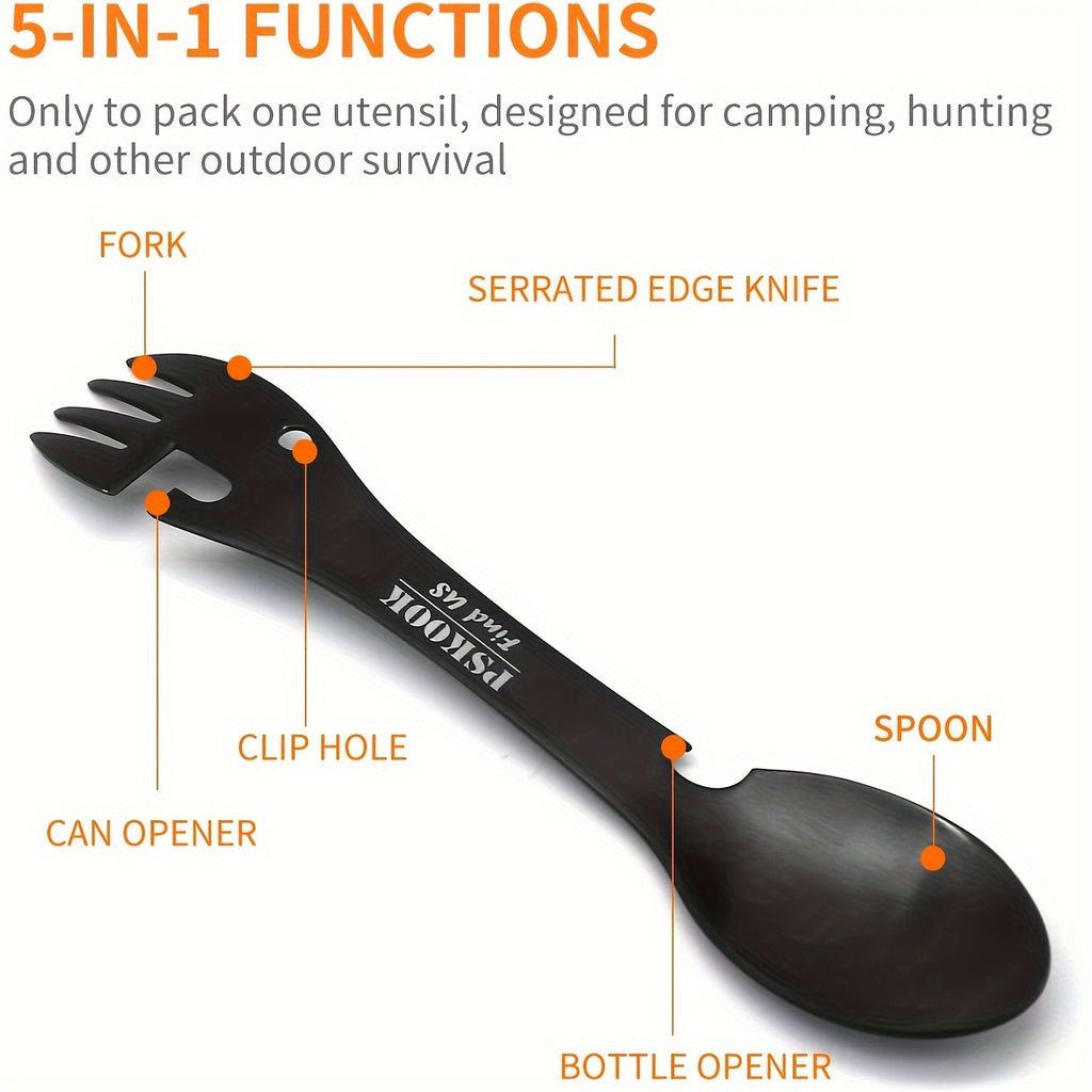 PSKOOK 2pcs Tactical Spork, 5-in-1 Stainless Steel Spoon, Fork & Knife Combo with Bottle Opener, Matte Black Finish, Outdoor Camping Utensil for Hiking & Backpacking, Camping Utensil