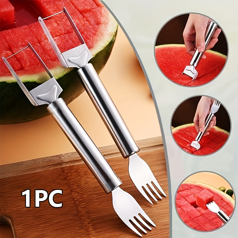 1pc two-in-one stainless steel watermelon slicer and fork | Multi-functional kitchen tool, easy to cut and serve | Durable and rust-proof | Perfect for home and restaurant use, fruit service tool | Dual-function design | Durable kitchenware