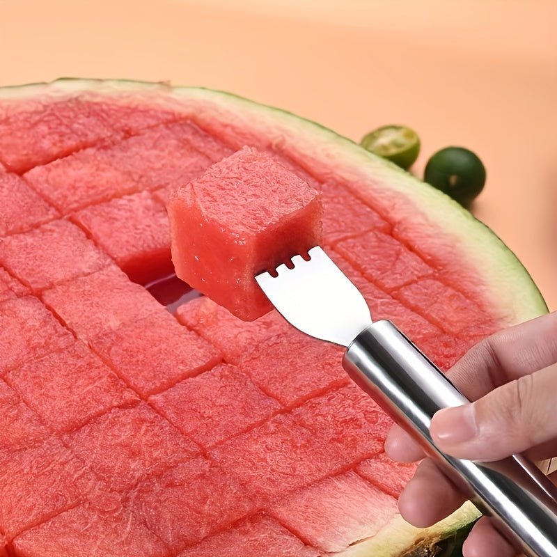 1pc two-in-one stainless steel watermelon slicer and fork | Multi-functional kitchen tool, easy to cut and serve | Durable and rust-proof | Perfect for home and restaurant use, fruit service tool | Dual-function design | Durable kitchenware
