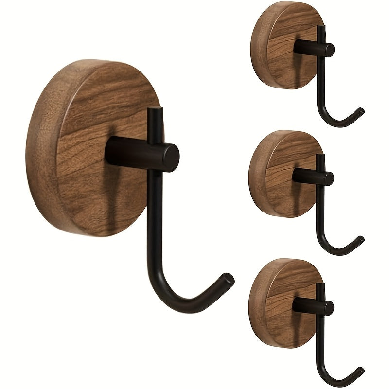 Lot de 4 Crochets Muraux en Bois Moderne avec Bras Métalliques Noirs, Cintres Adhésifs Sans Perçage pour Cuisine et Salle de Bain, Style Contemporain, Finition Bois Naturel, Design Épuré Noir, Parfait pour l'Organisation des Serviettes et Accessoires
