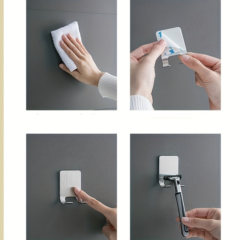 2pcs Crochets Muraux Adhésifs Argentés, Pas de Perçage Nécessaire, Porte-Rasoir de Salle de Bain, Crochet de Porte en Acier Inoxydable, Crochet de Chapeau de Chambre, Crochet de Peignoir de Salle de Bain et Cuisine