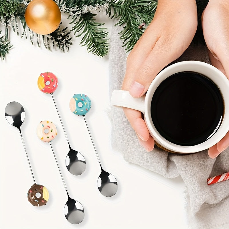 4pcs Donut-Themed Stainless Steel Dessert Spoons - Colorful Round Handle Design for Coffee, Ice Cream, and Beverage Stirring - Perfect for Home Use or Wedding Gifts, Coffee Stirring Spoons|Playful Design|Durable Metal Spoons, Coffee Accessories