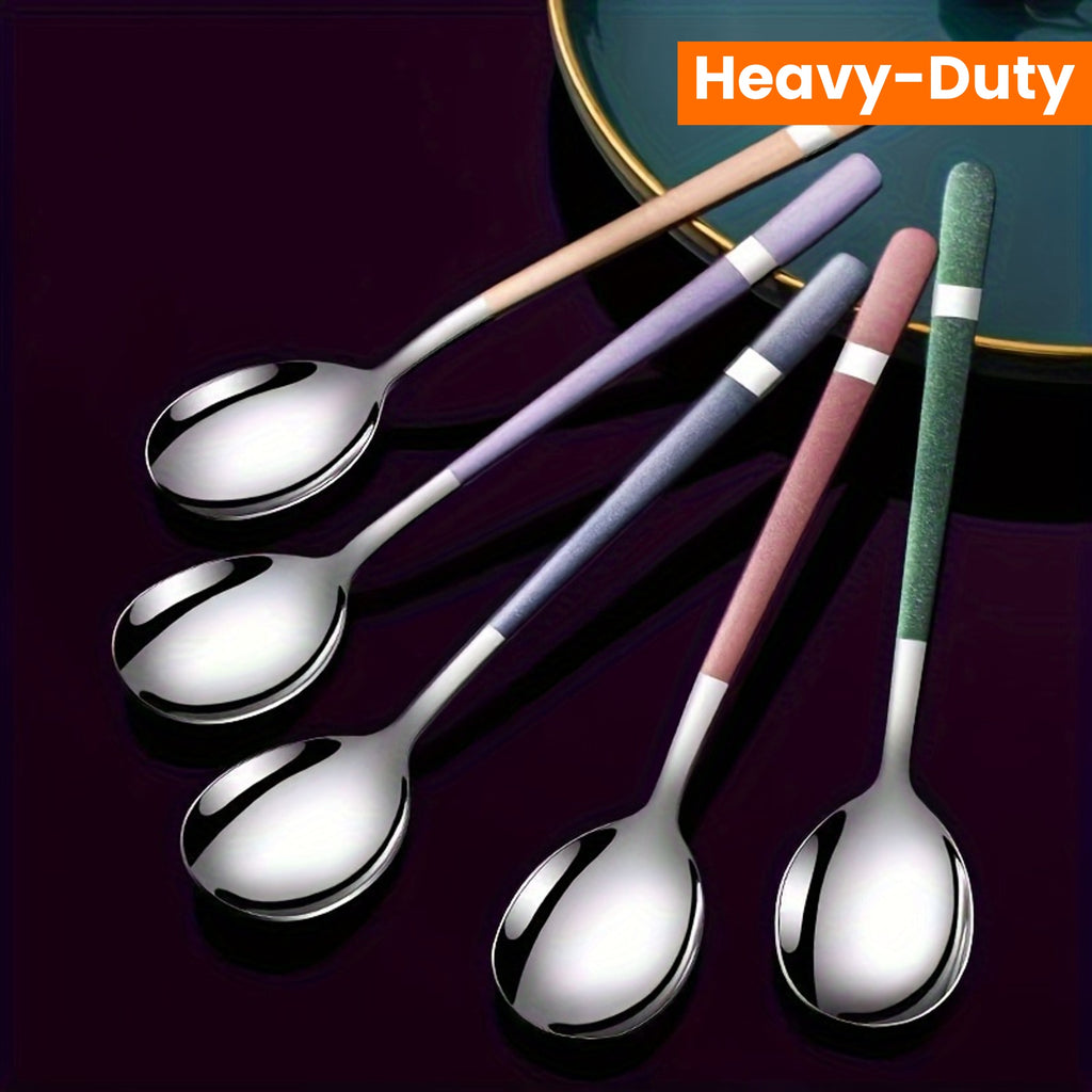 5pcs Stainless Steel Spoons Set, Rust-Resistant, Long-Handled, Thickened Comfort, Heavy-Duty Kitchen Accessories, Ideal for Family Gatherings, Potlucks, and Restaurants