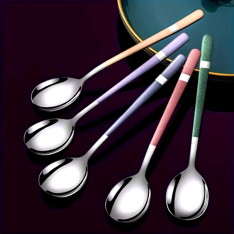 5pcs Stainless Steel Spoons Set, Rust-Resistant, Long-Handled, Thickened Comfort, Heavy-Duty Kitchen Accessories, Ideal for Family Gatherings, Potlucks, and Restaurants