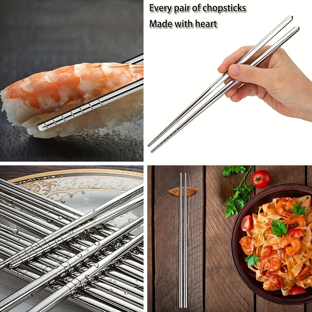 5 Pairs Striped Hollow Stainless Steel Chopsticks, 304 Non-Slip Lightweight Cutlery with 13 Grip Grooves, Reusable, Dishwasher Safe for Home, Restaurants, Parties & Holidays