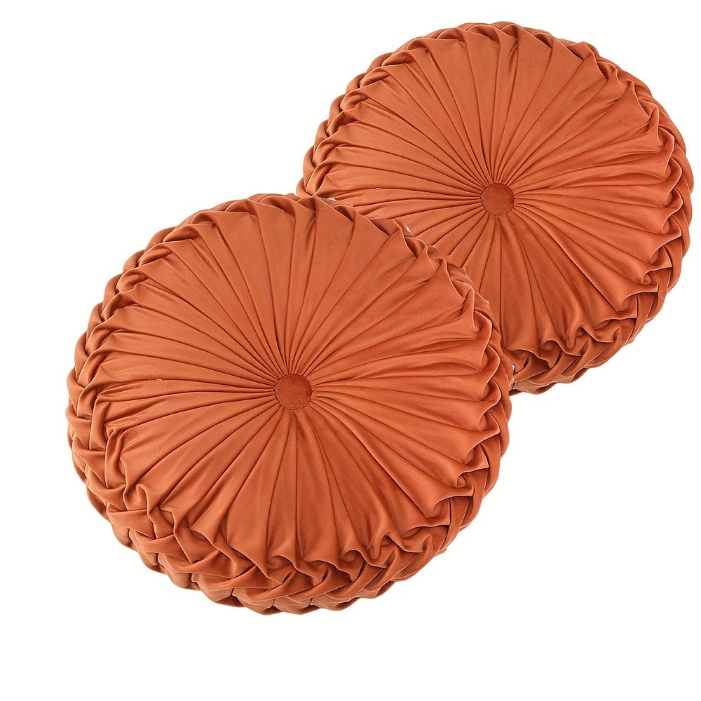 2 coussins décoratifs ronds plissés, coussins décoratifs citrouille élégants avec bouton central, coussins de sol en velours vintage pour canapé, lit, chaise de coiffeuse