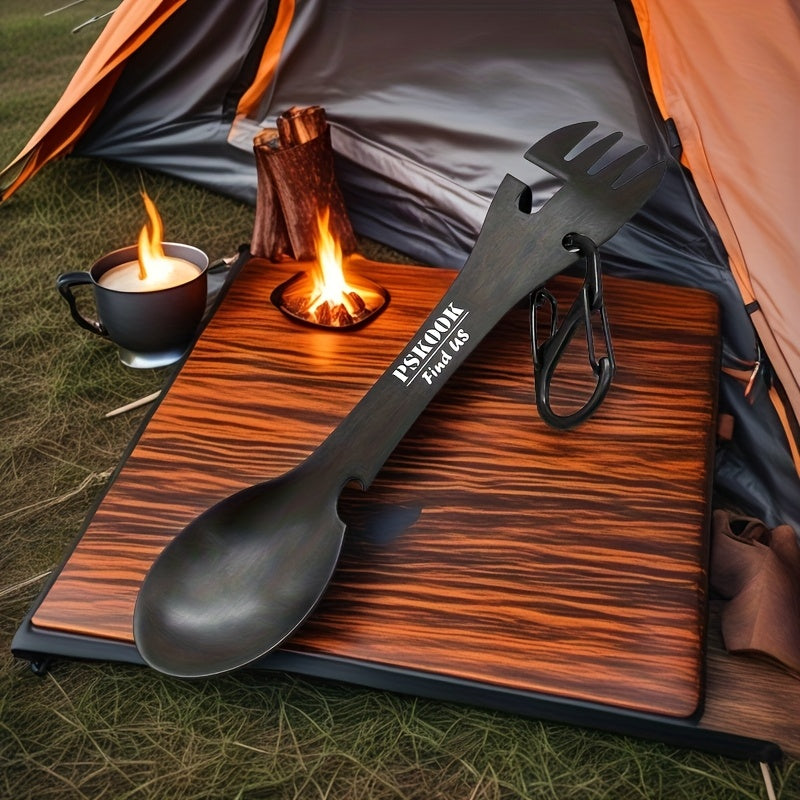 PSKOOK 2pcs Tactical Spork, 5-in-1 Stainless Steel Spoon, Fork & Knife Combo with Bottle Opener, Matte Black Finish, Outdoor Camping Utensil for Hiking & Backpacking, Camping Utensil