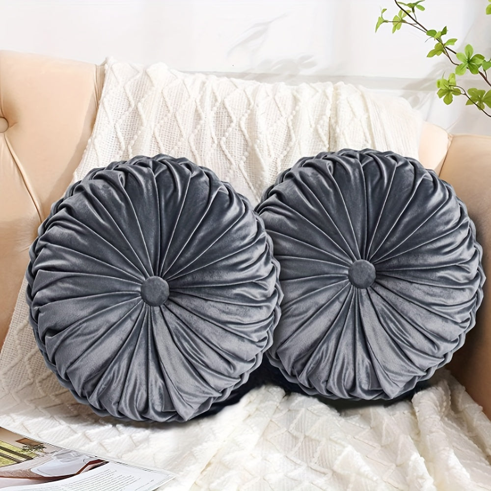 Lot de 2 Coussins Décoratifs Plissés Ronds, Coussins d'Accent Élégants en Forme de Citrouille avec Bouton Central, Coussins de Sol en Velours Vintage pour Canapé, Chaise de Vanité et Lit