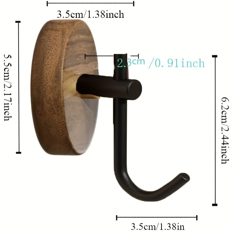 Lot de 4 Crochets Muraux en Bois Moderne avec Bras Métalliques Noirs, Cintres Adhésifs Sans Perçage pour Cuisine et Salle de Bain, Style Contemporain, Finition Bois Naturel, Design Épuré Noir, Parfait pour l'Organisation des Serviettes et Accessoires