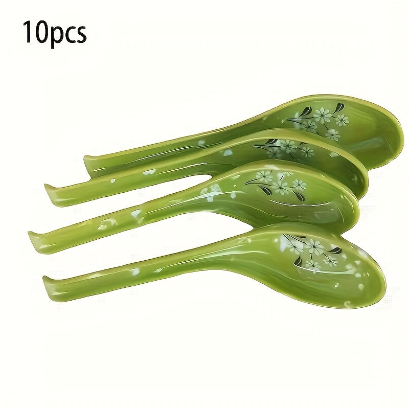 10 Heat-Resistant Melamine Long-Handled Spoons, Small Soup Spoons for Home Use, Restaurant, Floral Design, Food Store