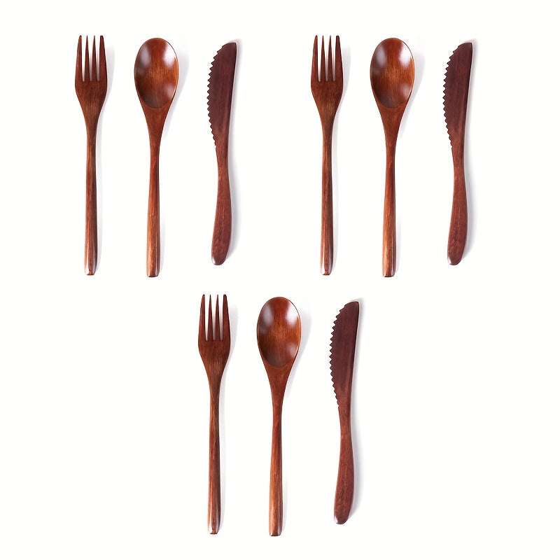 3\u002F9pcs High Quality Japanese Wooden Tableware Set - Handmade Natural Hardwood Spoon and Fork and Dinner Knife, Reusable Tableware, Used for Dieting, Cooking and Mixing - High Quality Kitchen Essentials Handmade Se