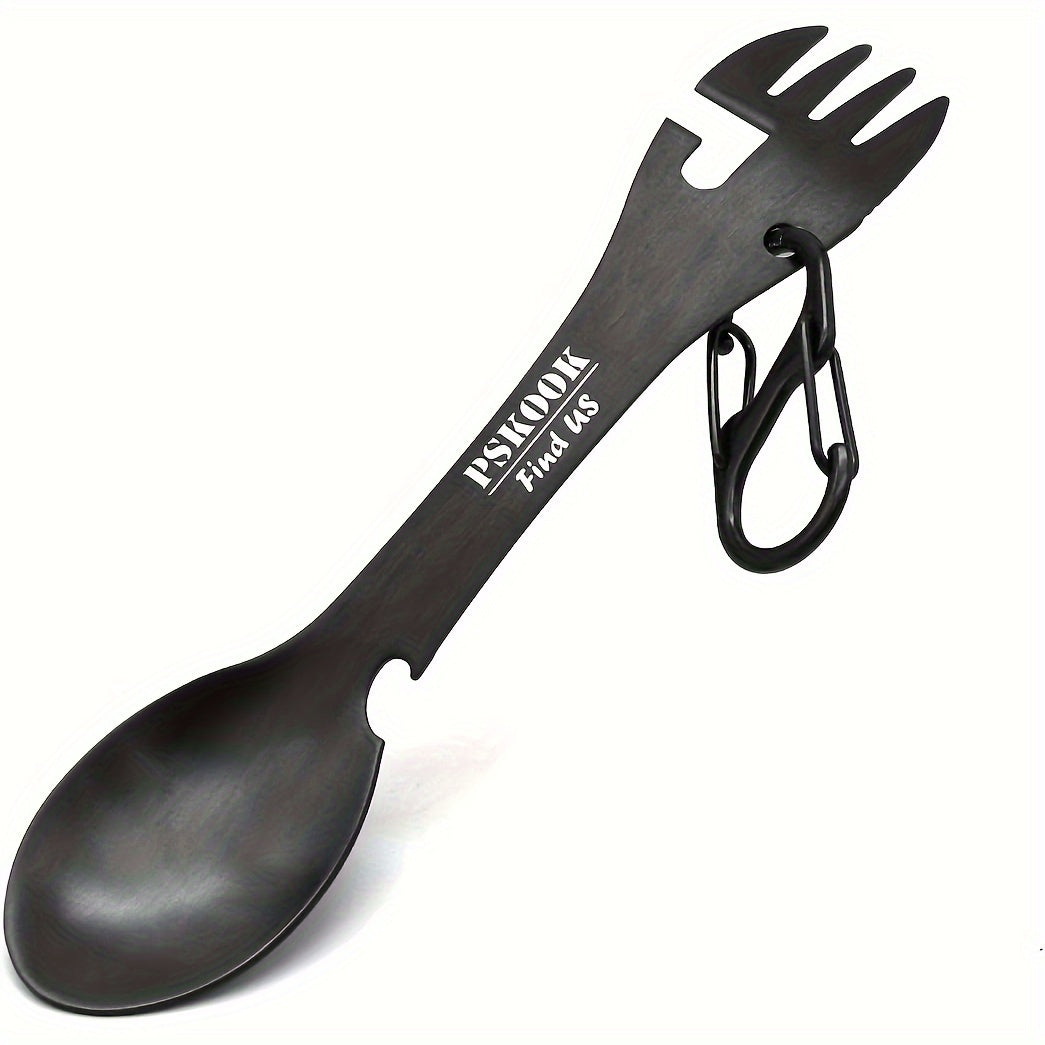 PSKOOK 2pcs Tactical Spork, 5-in-1 Stainless Steel Spoon, Fork & Knife Combo with Bottle Opener, Matte Black Finish, Outdoor Camping Utensil for Hiking & Backpacking, Camping Utensil