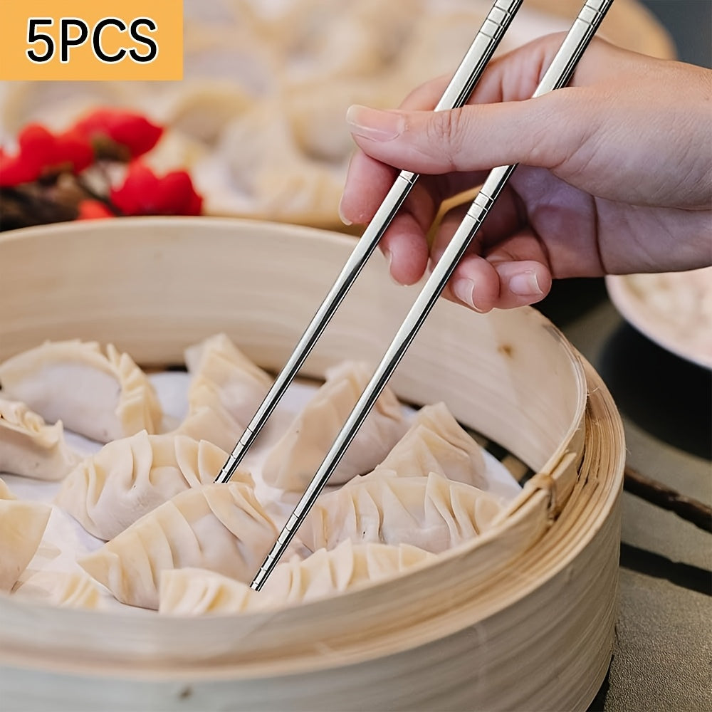 5 Pairs Striped Hollow Stainless Steel Chopsticks, 304 Non-Slip Lightweight Cutlery with 13 Grip Grooves, Reusable, Dishwasher Safe for Home, Restaurants, Parties & Holidays