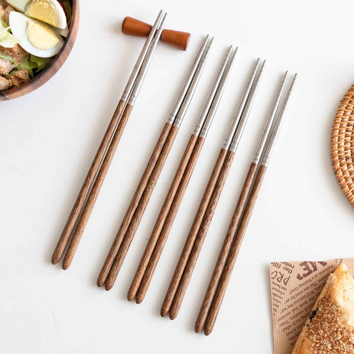 1 pair Exquisite Wooden and Stainless Steel Splicing Chopsticks - Durable and Stylish Eating Utensils