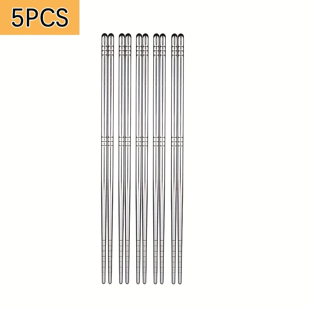 5 Pairs Striped Hollow Stainless Steel Chopsticks, 304 Non-Slip Lightweight Cutlery with 13 Grip Grooves, Reusable, Dishwasher Safe for Home, Restaurants, Parties & Holidays