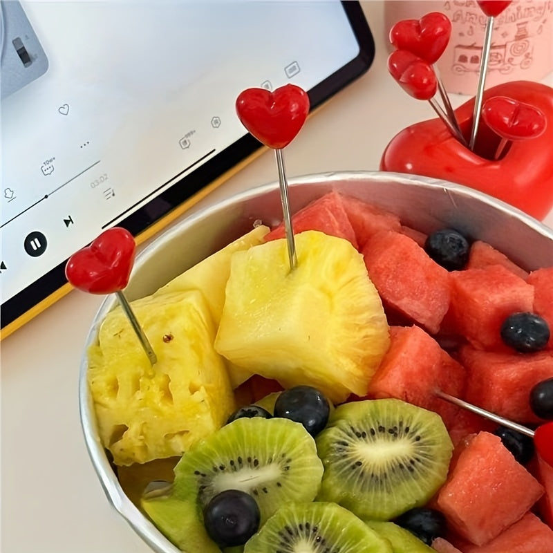 4\u002F8pcs Heart-Shaped Fruit Forks, Stainless Steel, Durable Plastic Material, Perfect for Valentine'S Day, Wedding, Dessert, Christmas and Halloween Gift